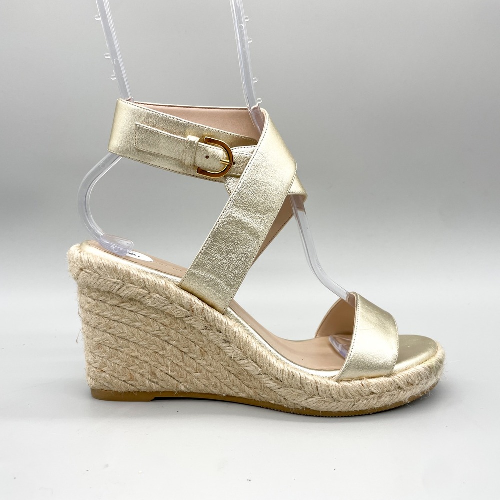 Stuart Weitzman Womens 6.5 Lexia Espadrille Wedge Sandals Gold Metallic Leather
